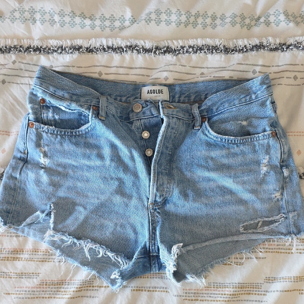 Agolde Faded Light Blue Distressed High-Rise Denim Shorts